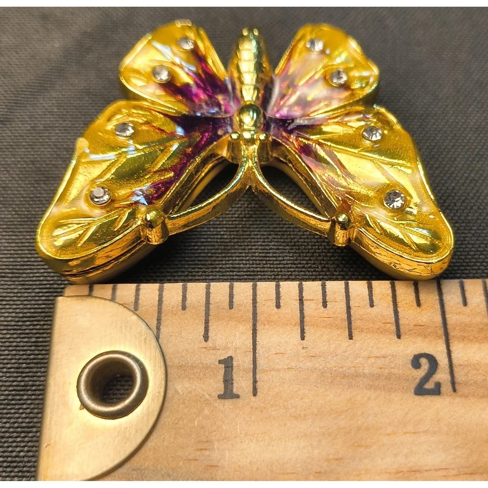 Vintage Butterfly Trinket Pill Box Gold Tone Enamel Rhinestone Hinged